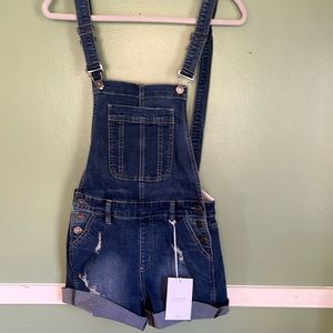 Women’s size XS Kan Can Los Angeles shortie denim overalls NWT